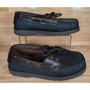 Rugged Outback Men’s Boat Shoes 7.5W Brown Black Leather Moc Toe Casual Loafers